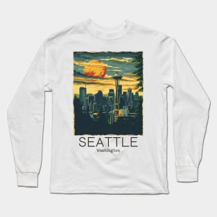 A Vintage Travel Illustration of Seattle - Washington - US Long Sleeve T-Shirt